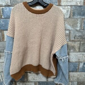 Debut Beige and Brown Knit Sweater with Denim Sleeves